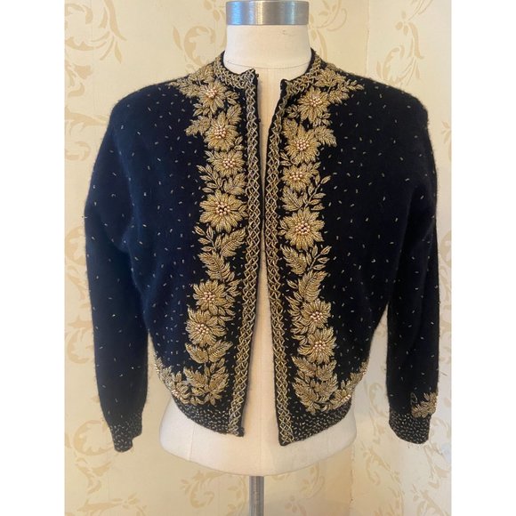 Elsie Tu 100% Cashmere Black Beaded Silk Lined Beautiful Sweater - Picture 1 of 5